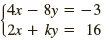 (4x – 8y = -3 |2r + ky = 16 