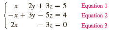 2y + 3z = 5 -x + 3y – 5z = 4 Equation 1 Equation 2 Equation 3 х 2x - 3z = 0 %3D 