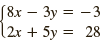 J &x — Зу %3D —3 |2r + 5y = 28 