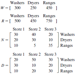 Washers Dryers Ranges W =[ 300 450 ] 250 Washers Dryers Ranges R=[ 500 750 ] 450 Store 1 Store 2 Store 3 30 40 20 Washer