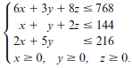 6x + 3y + 8z s 768 x+ y + 2z s 144 < 216 2x + 5y (xz0, yz 0, z2 0. 