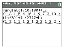 NORMAL FLOAT AUTO REAL DEGREE MP randInt (1, 10, 100)+L1 (1 8 15 4 10 1 9 7 3 10 (L156)1+(L127)2+L3 (1 2.1 1 1 2 1 2 2 1
