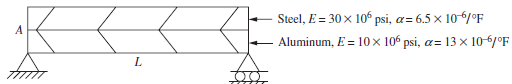 Steel, E = 30 x 10° psi, a= 6.5 × 10-6/°F Aluminum, E = 10 x 106 psi, 13 x 10-6/°F 