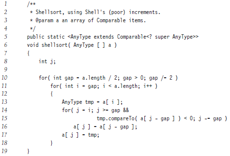 /** * Shellsort, using Shell's (poor) increments. 3 * @param a an array of Comparable items. 4 */ public static <AnyType