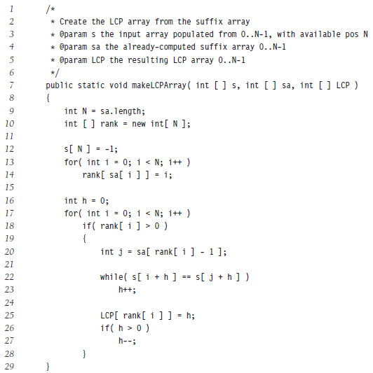 * Create the LCP array from the suffix array * @param s the input array populated from 0..N-1, with available pos N * @p