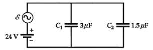A circuit consists of two capacitors, a 24-V battery, and