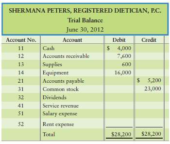The trial balance of Shermana Peters, Registered Dietician, P.C.