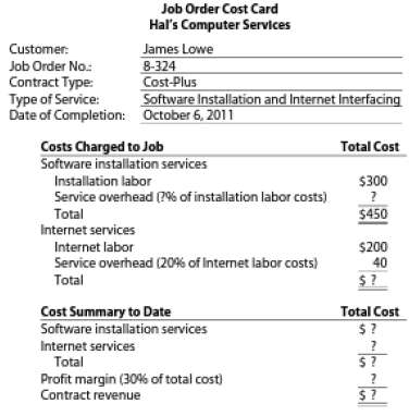 A job order cost card for Hal's Computer Services appears
