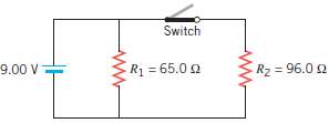 The drawing shows a circuit that contains a battery, two