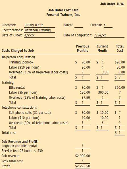 A job order cost card for Personal Trainers, Inc., appears below.
