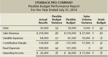 Stenback Pro Company managers received the following incomplete performance report: