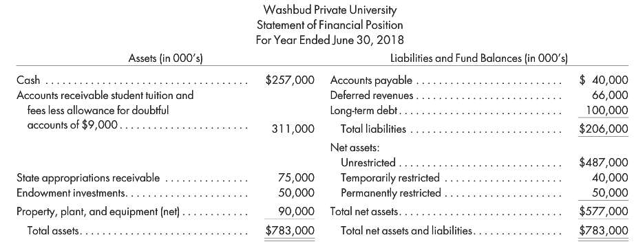The statement of financial position of Washbud Private University as