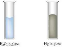 The shape of the meniscus of water in a glass