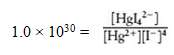 The overall formation constant for HgI42- is 1.0 Ã— 1030.