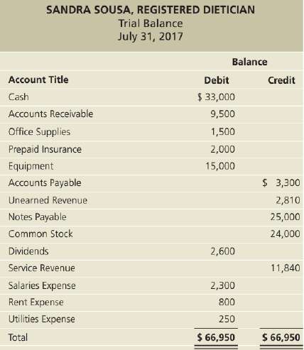The trial balance as of July 31, 2017, for Sandra