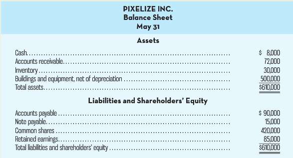 PIXELIZE INC. Balance Sheet May 31 Assets $ 8,000 72,000 30,000 500,000 $610,000 Cash.. Accounts receivable.. Inventory.