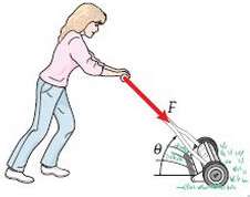 A girl pushes a 25-kg lawn mower as shown in