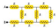 Nine resistors, each of value R, are connected in a