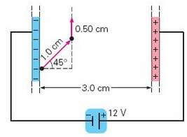 Two large parallel plates are separated by 3.0 cm and