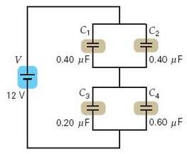 Four capacitors are connected in a circuit as illustrated in