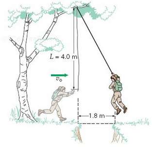 A hiker plans to swing on a rope across a