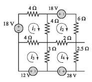 The electrical circuit shown consists of resistors and voltage sources.