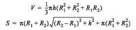 v = rh(R; + R; + R;R2) S = R(R, + R,)(R,-R,) +h? +n(R;+R) 