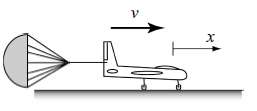 An airplane uses a parachute and other means of braking