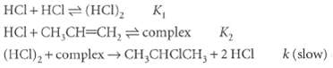 HCl + HCl K, HCI + CH,CH=CH, complex (HCI), + complexCH,CHCICH, + 2 HCI (HCI), K, k (slow) 