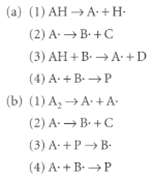 (a) (1) AH → A- +H- (2) A B +C (3) AH + B. →A +D (4) A + B. P (b) (1) A, -> A +A (2) A - B +C (3) A +P B. (4) A+B P 