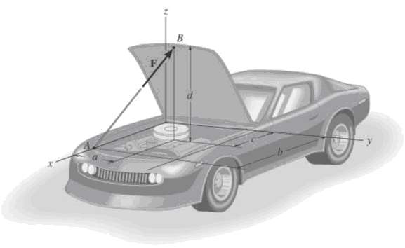 The hood of the automobile is supported by the strut