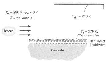 T = 290 K, d. = 0.7 h = 53 Wim?-K Taky = 240 K T, = 275 K, E=a = 0.96 Thin layer of liquid water Breeze Concrete 