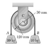A 120-mm-radius pulley of mass 5 kg