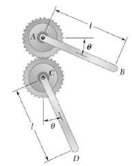 Two uniform rods each of mass m are attached to gears
