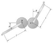 Two uniform rods, AB and CD, are attached to gears of equal
