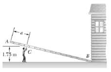 A worker is raising perpendicular 9.2-m-long ladder of mass 53