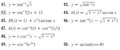 41. y tan 42. y = Vtan-x 44. h(x) = VT- x² arcsin x 46. y = tan-(x - VI +x) 43. y = sin-(2x + 1) 45. H(x) = (1 + x) arc