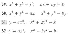 59. x + y? = r?, ax + by = 0 60. x + y - ax, x + y? = by 61. y = ex, x* + 2y? = k 62. y = ax', x* + 3y? = b 