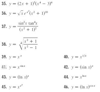 35. y = (2x + 1)(x* - 3) 36. y = Vxe ( + 1) sin'x tan'x 37. y (x + 1) 38. y = V - 39. y-x 40. y = x/* 41. y =xanx 42. y 