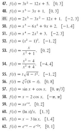 47. f(x) = 3x? - 12x + 5. [0, 3] 48. f(x) = x - 3x + 1, [0, 3] 49. f(x) = 2x - 3x - 12x + 1. [-2, 3] 50. f(x) = x' – 6