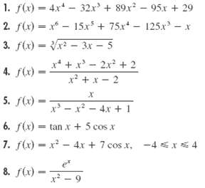 1. f(x) = 4x* - 32x + 89x – 95.x + 29 2. f(x) = x* - 15x + 75x* - 125xr- %3D 3. f(x) = Vx - 3x - 5 x* + x - 2x + 2 4. 
