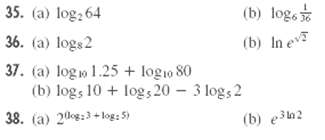 35. (a) log: 64 (b) log, (b) In e 36. (a) logs2 37. (a) logo 1.25 + logio 80 (b) logs 10 + logs 20 – 3 logs 2 38. (a) 