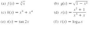(b) g(x) = VI - x? x + 1 (a) f(x) = %3D (c) h(x) = x° + x (d) r(x) (e) s(x) = tan 2x (f) t(x) = logio.x 