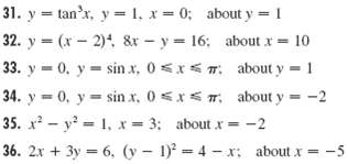 31. y = tan'x, y = 1, x= 0; about y = 1 32. y = (x - 2). &r - y = 16; about x = 10 33. y = 0. y = sin x, 0 <x< T. about 