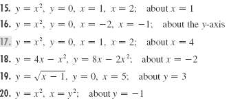 15. y x, y = 0, x = 1, x= 2: about x = 1 16. y = x, y = 0, x= -2, x = -1: about the y-axis 17. y = x, y = 0, x= 1, x= 2:
