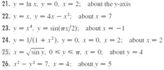 21. y = In x, y= 0, x= 2: about the y-axis 22. y = x. y = 4x - x: about x = 7 23. y = x. y = sin(7x/2): about x = -1 24.