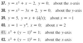 37. y = x? +x - 2, y = 0; about the x-axis 38. y = x? - 3x + 2, y = 0; about the y-axis 39. y = 5, y =x + (4/x): about x
