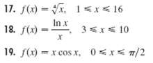 17. f(x) = . 1<r< 16 In x 18. f(x) 35xs 10 19. f(x) = x cos x, 0sx< n/2 