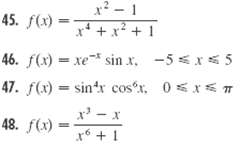 x - 1 45. f(x) =+ x² + 1 p²+ 1 46. f(x) = xe sin x. -5 <xs 5 47. f(x) = sintr cos'r, 0 xs 7 x' - x 48. f(x) : 