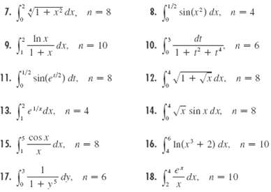 1. T+ x* dx, n-8 sin(x) dx, n = 4 8. In x -dx, n= 1+x dt 9. 10. Jo 1 + + 10 11. ( sin(e) dt, n= 8 12. + Va dx. n-8 13. f